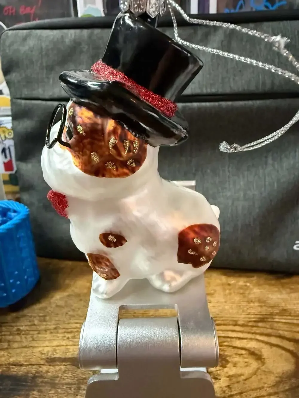 EUC French Bulldog wearing a monocle and a top hat Glass Christmas Ornament